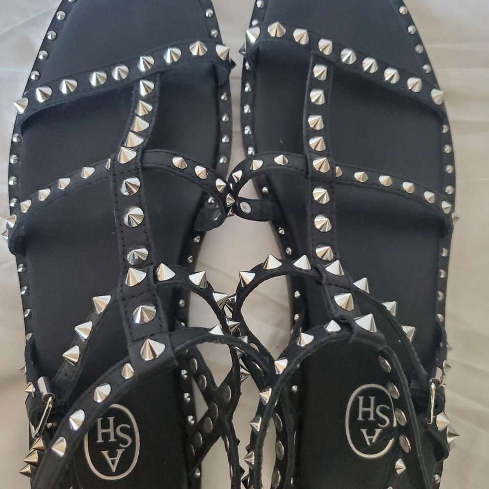 ASH Silver Stud Black Leather Sandals - Picture 16 of 16